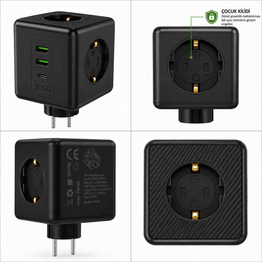 Küp Şeklimde Akım Korumalı Priz | 3 Priz + 2 USB-A + 1 USB-C, Termal Koruma, Çocuk Kilitli 2500W