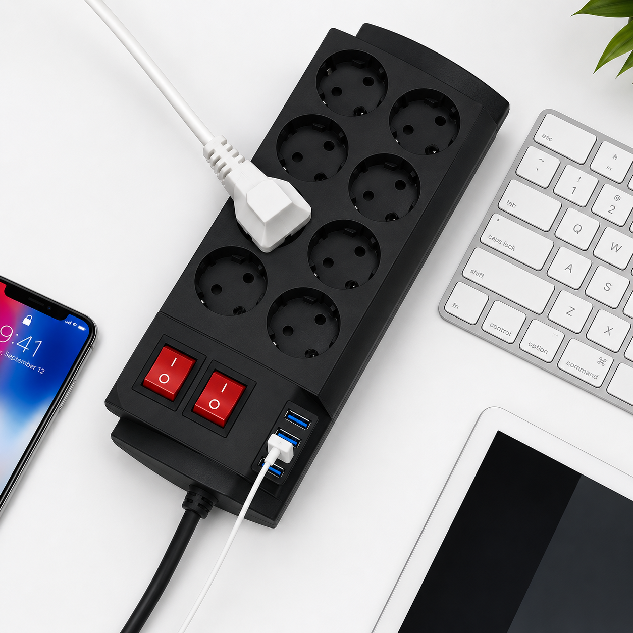 8’li Çoklu Priz + USB & USB-C + 2 Metre Güç Kablosu | Güç Dağıtıcı Elektrik Uzatma Kablosu – Ev / Ofis / Masaüstü