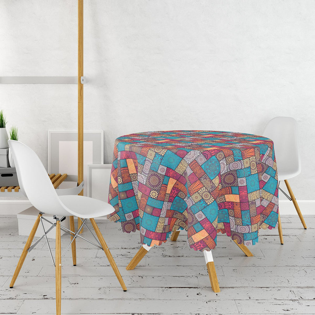 Geometrik Etnik Desenli Özel Tasarım Yuvarlak Masa Örtüsü – Çap 140cm - Herseyben.de