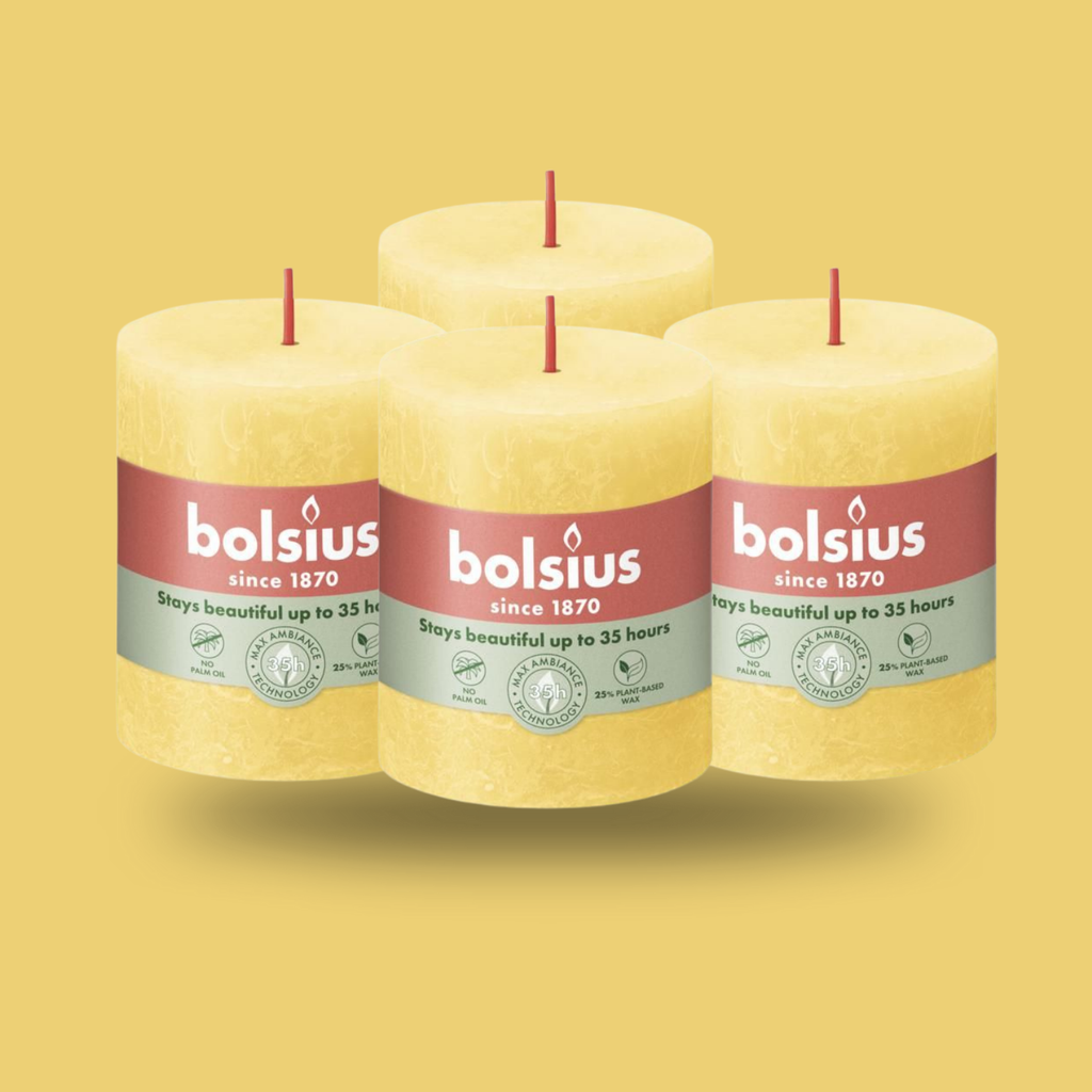 Bolsius Rustik Blok Sütun Mum - Silindir Şeklinde - Güneşli Sarı Renkli - 35 Saat Uzun Yanma Süresi  - Ev Dekorasyonu - Kokusuz - Doğal Vegan Özler -  6,6 cm - 8 cm - Herseyben.de