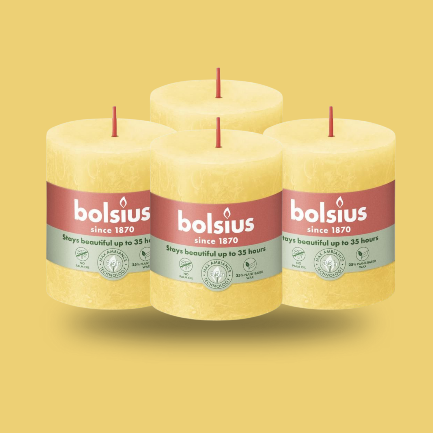 Bolsius Rustik Blok Sütun Mum - Silindir Şeklinde - Güneşli Sarı Renkli - 35 Saat Uzun Yanma Süresi  - Ev Dekorasyonu - Kokusuz - Doğal Vegan Özler -  6,6 cm - 8 cm - Herseyben.de