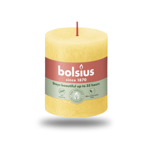 Bolsius Rustik Blok Sütun Mum - Silindir Şeklinde - Güneşli Sarı Renkli - 35 Saat Uzun Yanma Süresi  - Ev Dekorasyonu - Kokusuz - Doğal Vegan Özler -  6,6 cm - 8 cm