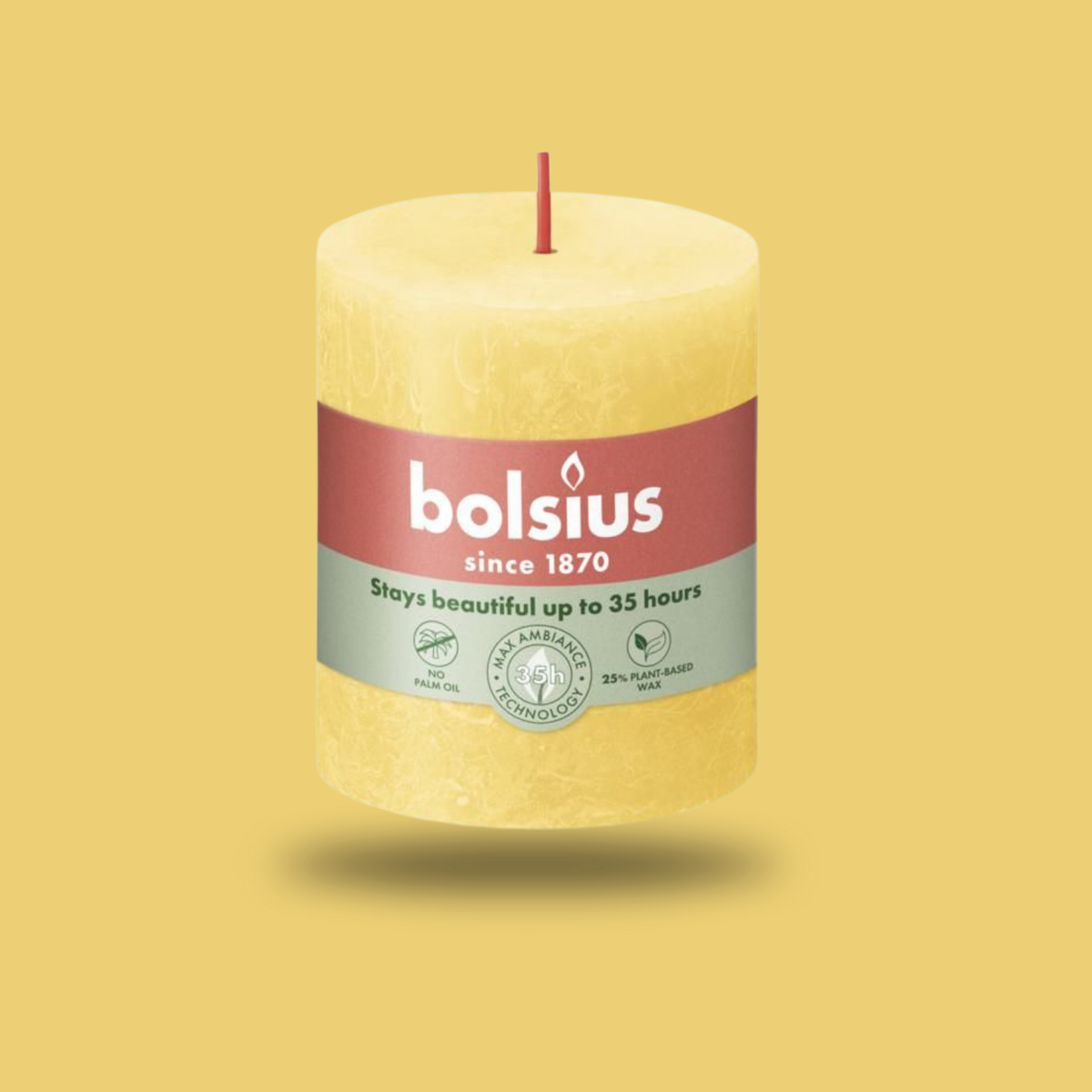 Bolsius Rustik Blok Sütun Mum - Silindir Şeklinde - Güneşli Sarı Renkli - 35 Saat Uzun Yanma Süresi  - Ev Dekorasyonu - Kokusuz - Doğal Vegan Özler -  6,6 cm - 8 cm