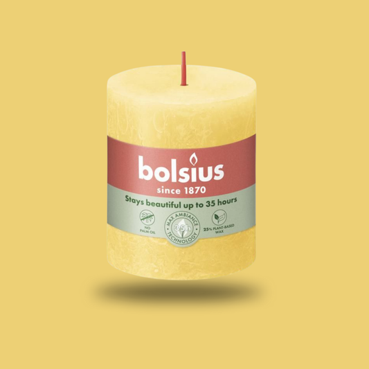 Bolsius Rustik Blok Sütun Mum - Silindir Şeklinde - Güneşli Sarı Renkli - 35 Saat Uzun Yanma Süresi  - Ev Dekorasyonu - Kokusuz - Doğal Vegan Özler -  6,6 cm - 8 cm