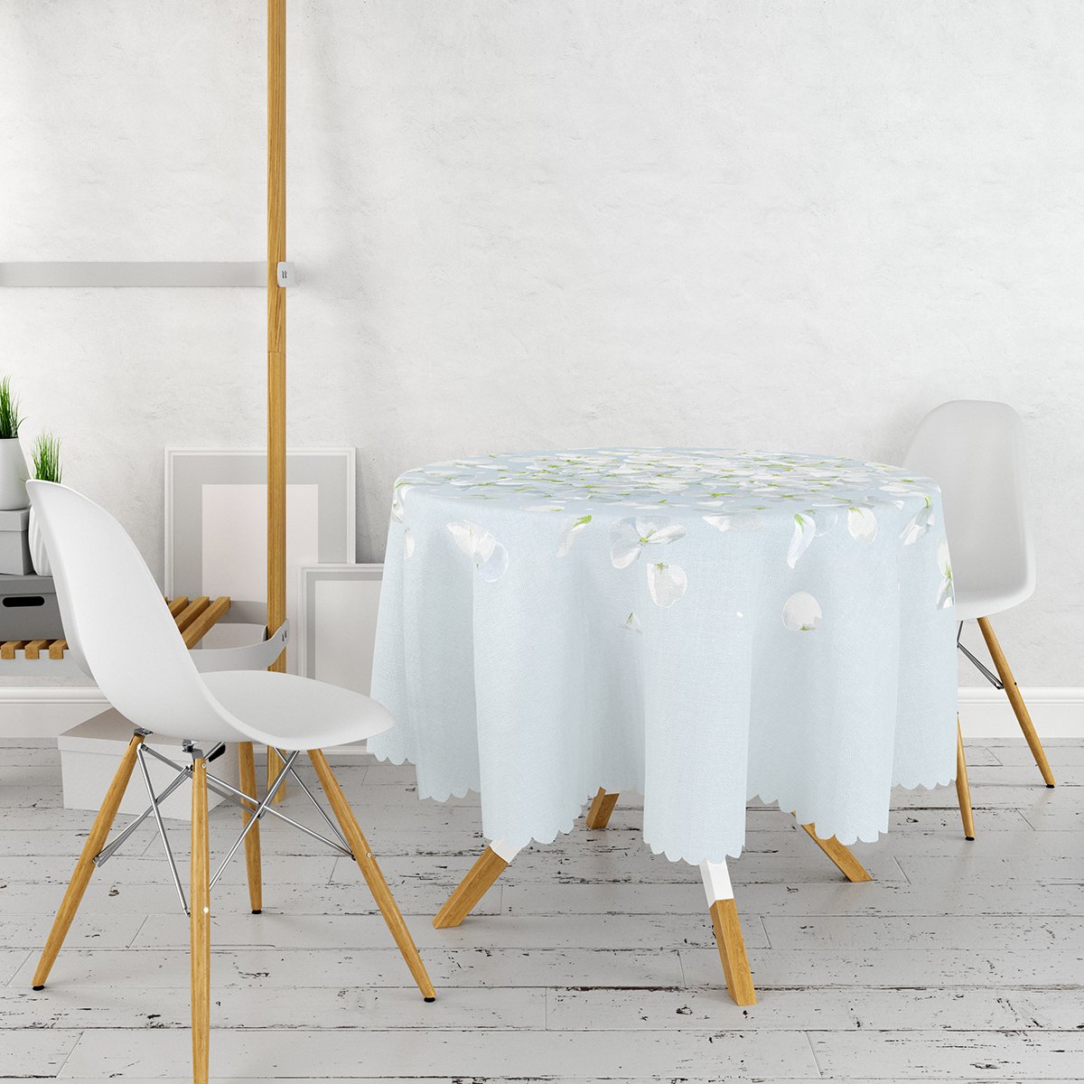 Rengarenk Zeminli Beyaz Ortanca Çiçek Desenli Dijital Baskılı Modern Yuvarlak Masa Örtüsü – Çap 140cm