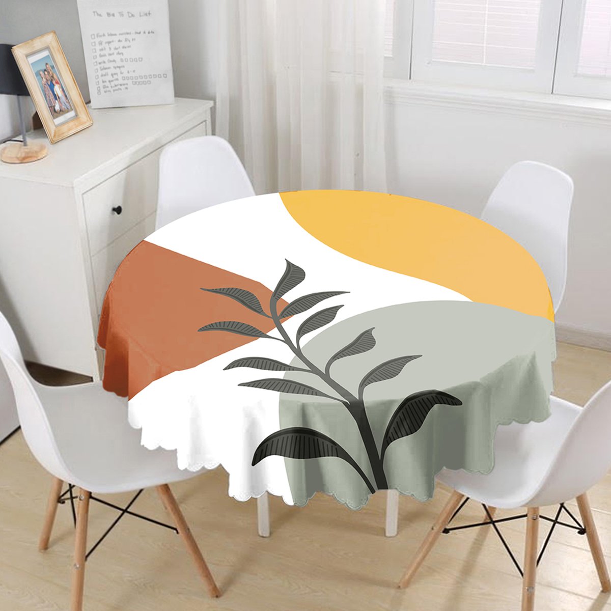 Renkli Zeminli Onedraw Çizimli Yaprak Desenli Dijital Baskılı Modern Yuvarlak Masa Örtüsü – Çap 140cm - Herseyben.de