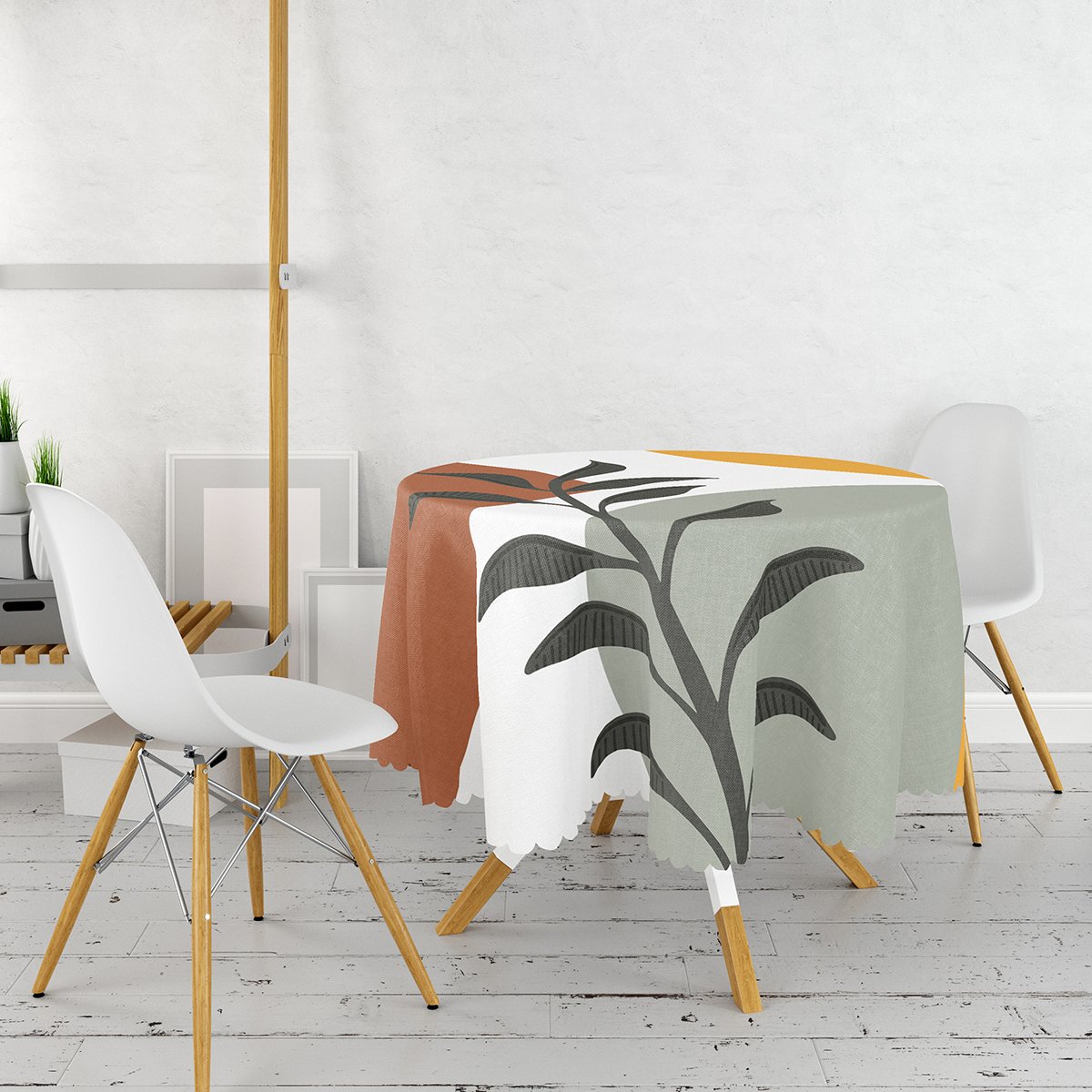 Renkli Zeminli Onedraw Çizimli Yaprak Desenli Dijital Baskılı Modern Yuvarlak Masa Örtüsü – Çap 140cm
