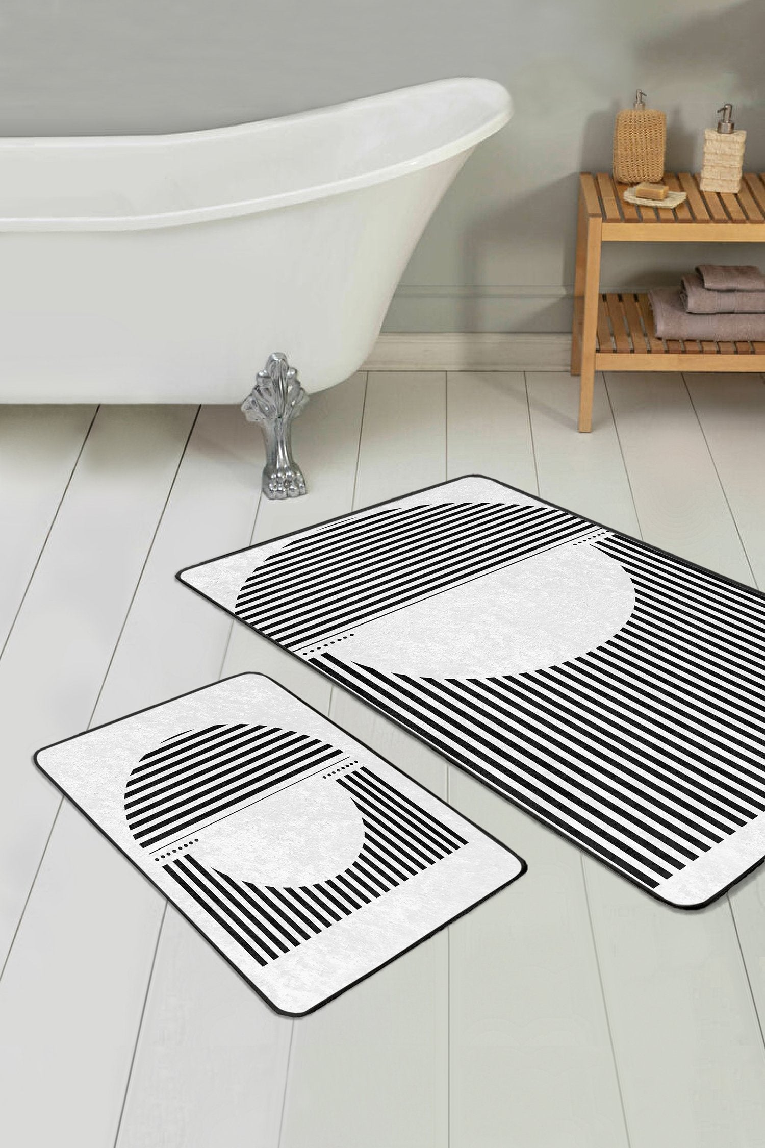 Siyah Beyaz Çizgili Desen 2’li Banyo Paspas Takımı & Mutfak Paspas Seti - Herseyben.de