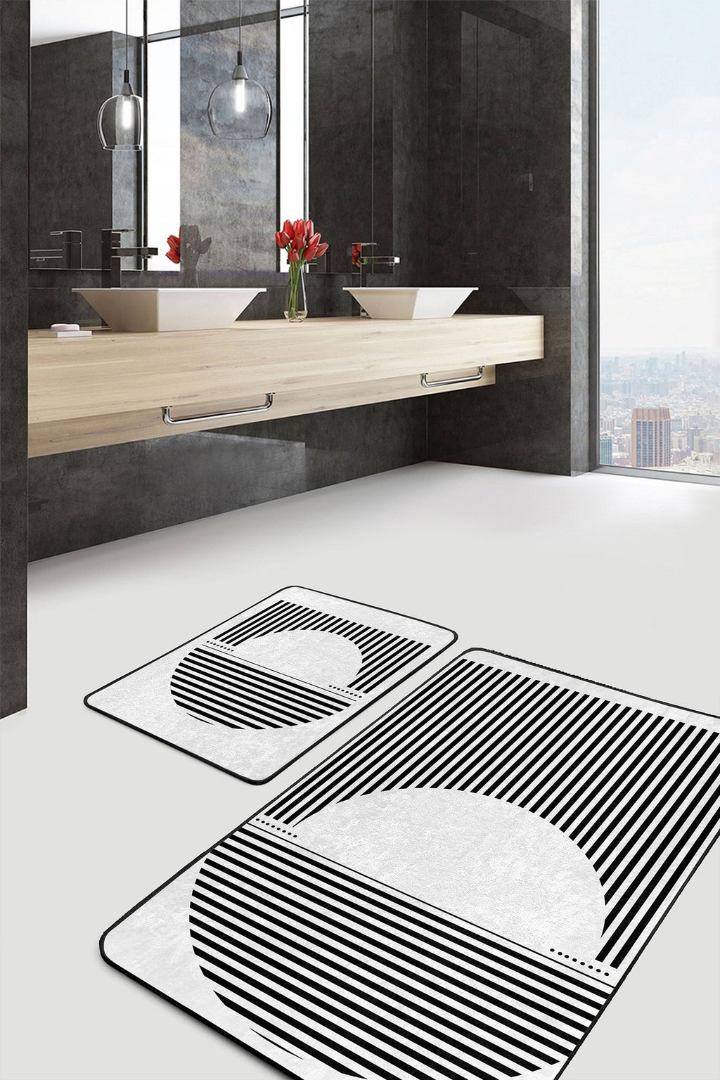 Siyah Beyaz Çizgili Desen 2’li Banyo Paspas Takımı & Mutfak Paspas Seti - Herseyben.de