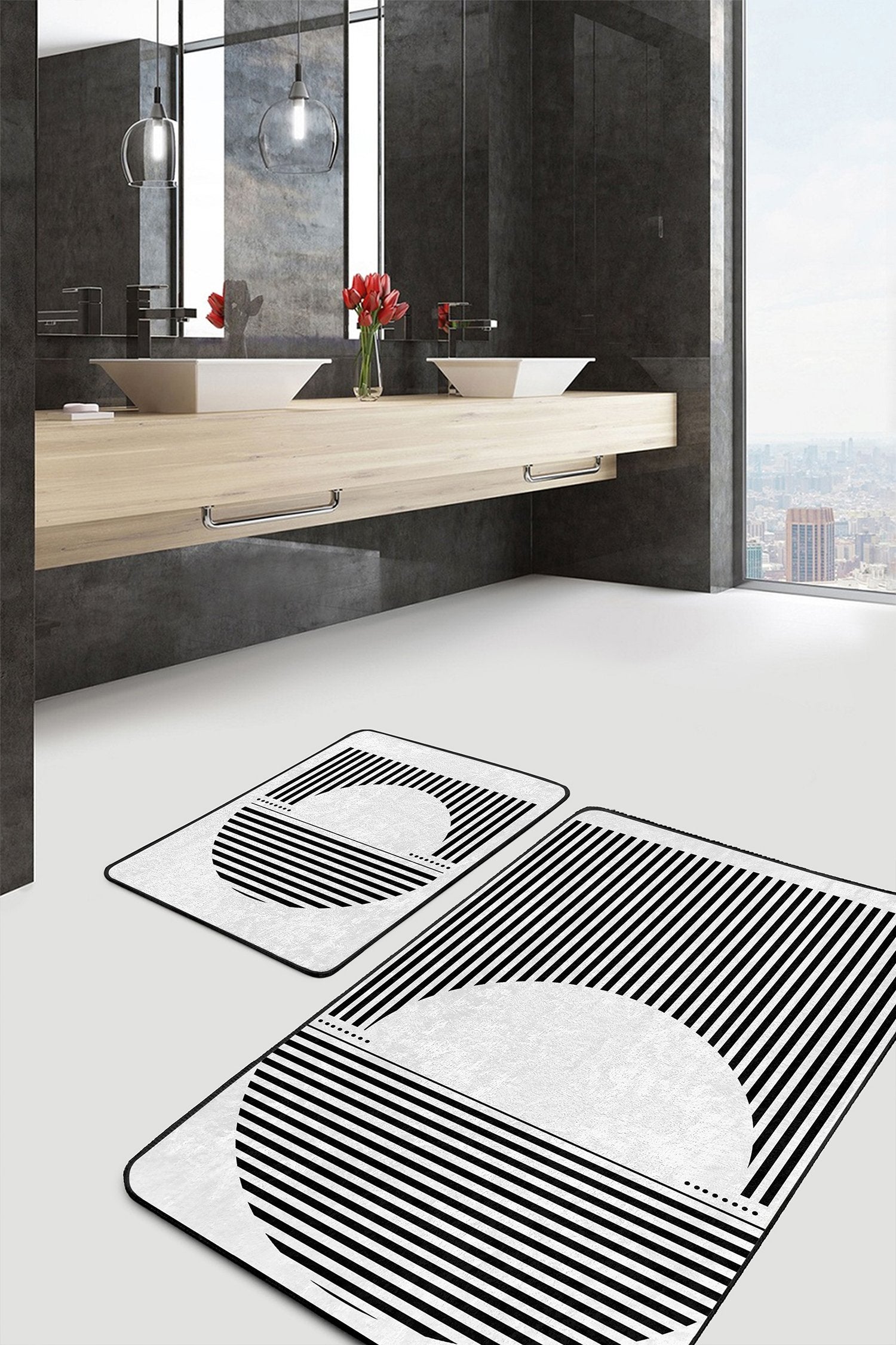 Siyah Beyaz Çizgili Desen 2’li Banyo Paspas Takımı & Mutfak Paspas Seti - Herseyben.de