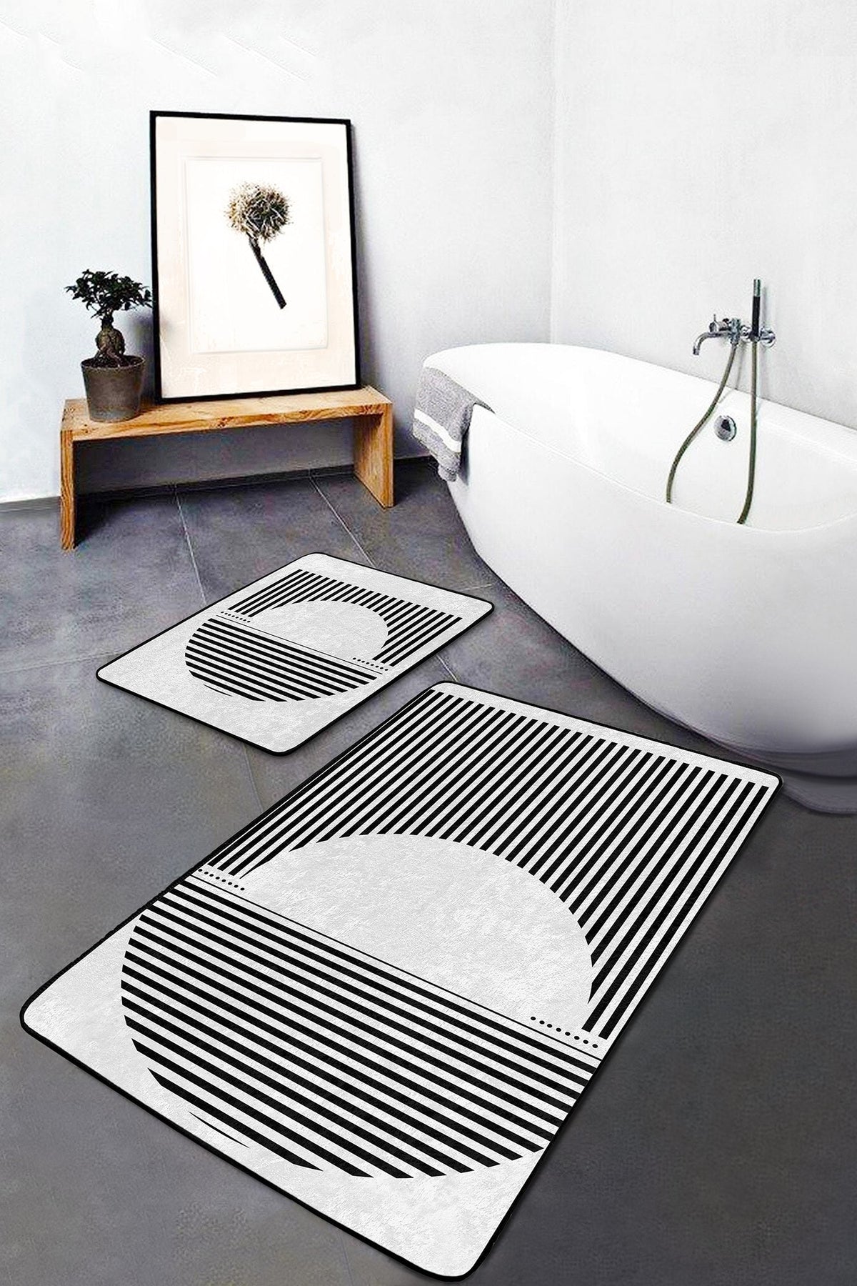 Siyah Beyaz Çizgili Desen 2’li Banyo Paspas Takımı & Mutfak Paspas Seti