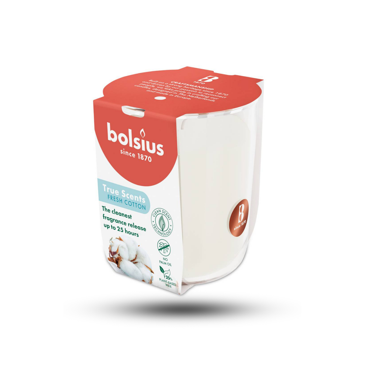 Bolsius Temiz Pamuk Kokulu Bardakta Mum – 80/73 mm, 25 Saat Yanma Süresi