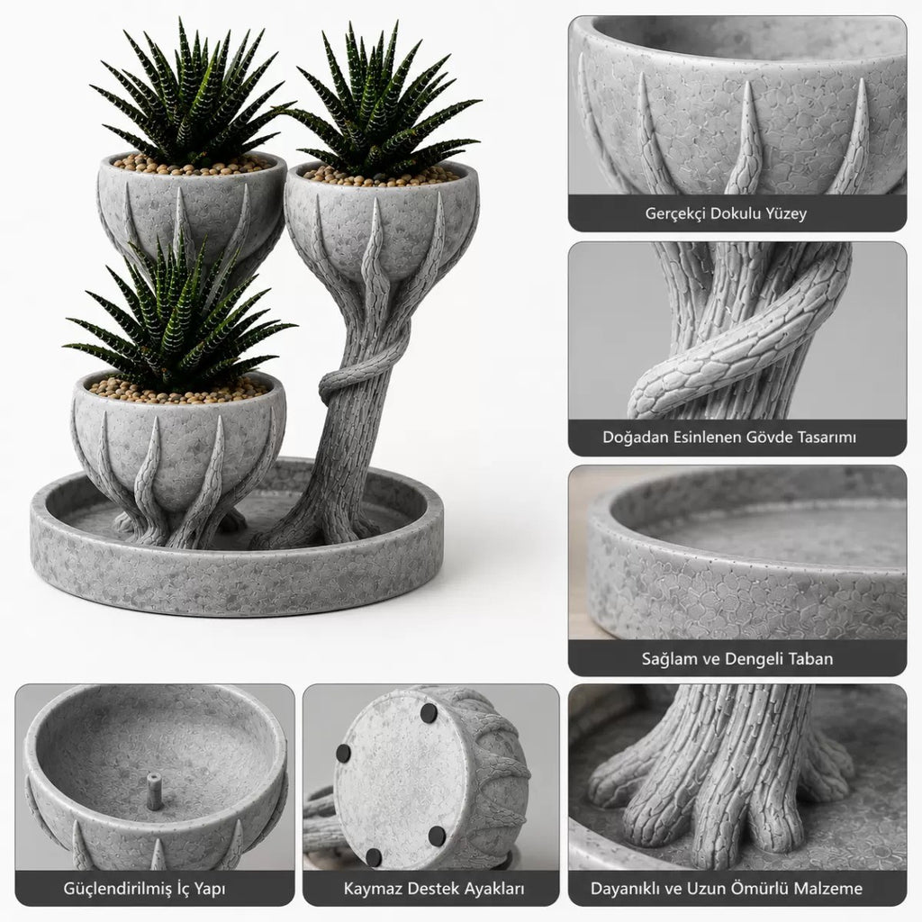 3d Üçlü Hand Of Tree Mermer Desenli Vazo