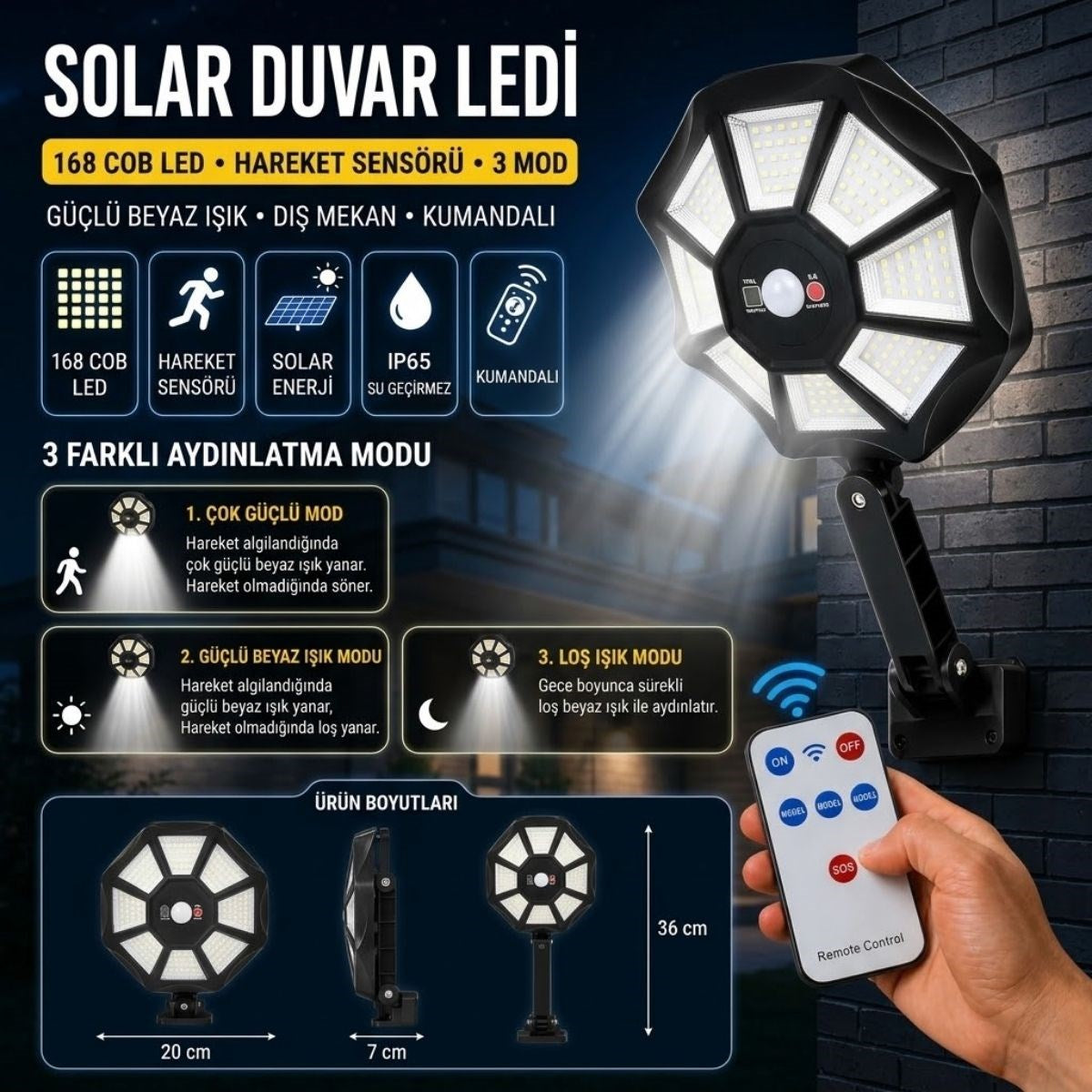 BUFFER 168B Solar LED Büyük Dış Mekân Lambası, Hareket Sensörlü, Kumandalı, 3 Modlu Ultra Parlak COB Işık, Su Geçirmez Kablosuz Duvar Apliği