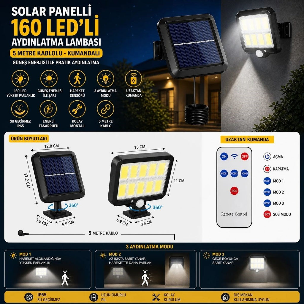 160 LED Solar Bahçe Aydınlatması, 6'lı Güneş Panelli LED Lamba, 5 Metre Kablolu ve Kumandalı