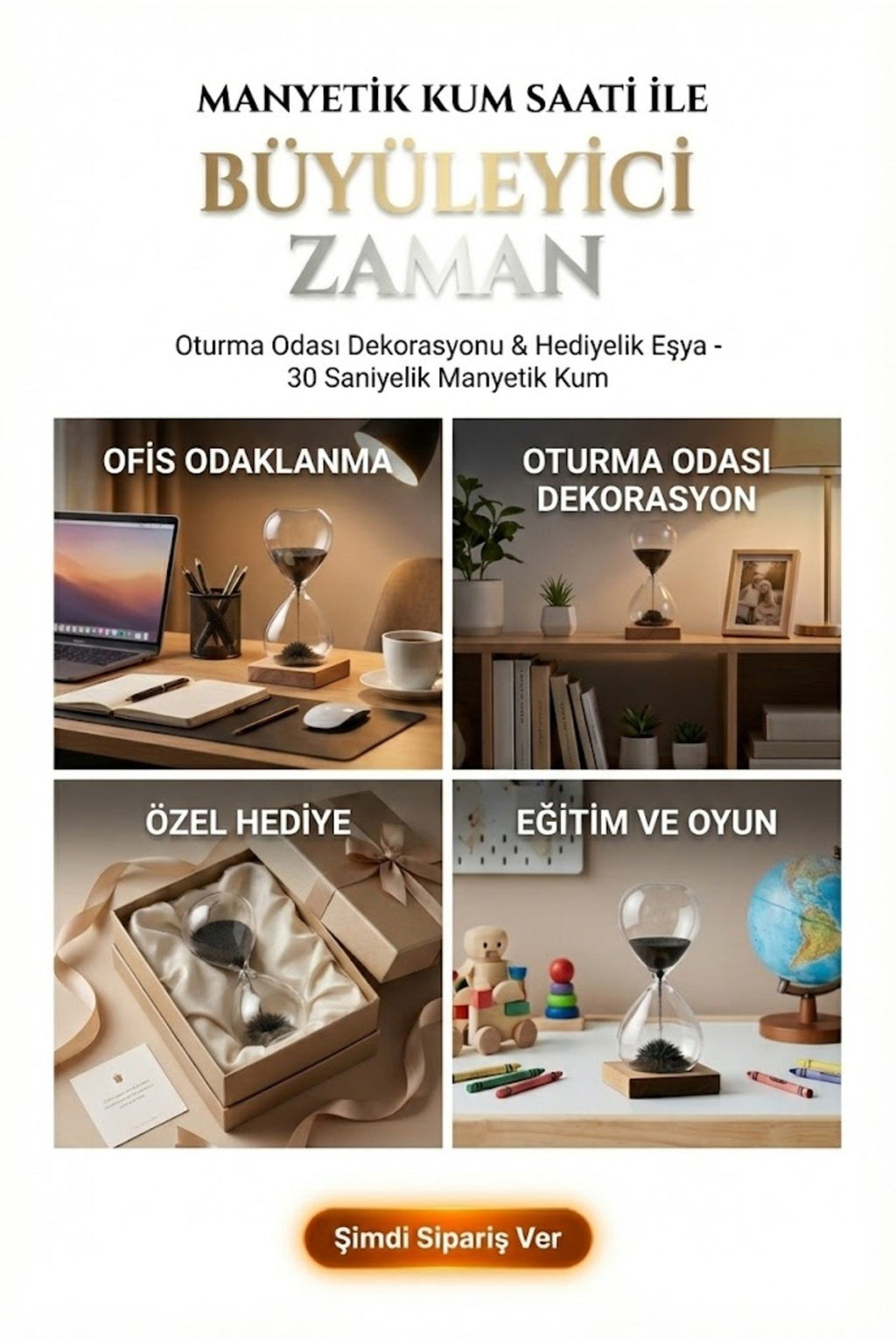 Manyetik Kum Saati Mıknatıslı Ahşap Standlı Dekoratif Masaüstü Hediyelik Süs Eşyası (14 cm)
