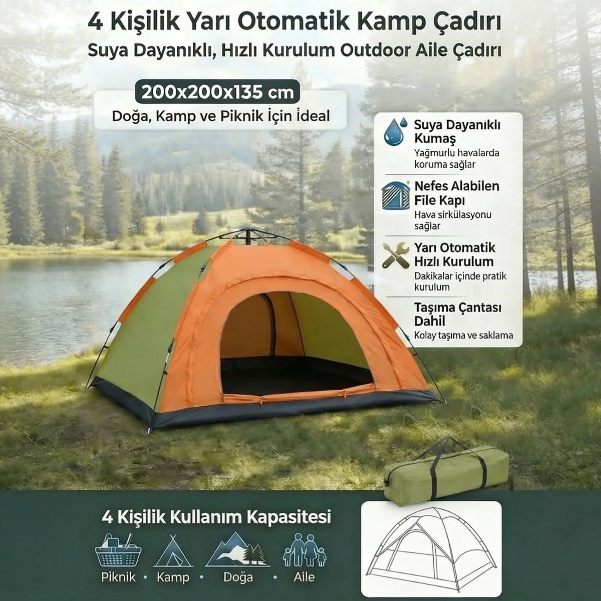 BUFFER 4 Kişilik Yarı Otomatik Kamp Çadırı – Suya Dayanıklı, Hızlı Kurulumlu Outdoor Aile Çadırı, Doğa, Kamp ve Piknik 200x200x135 cm