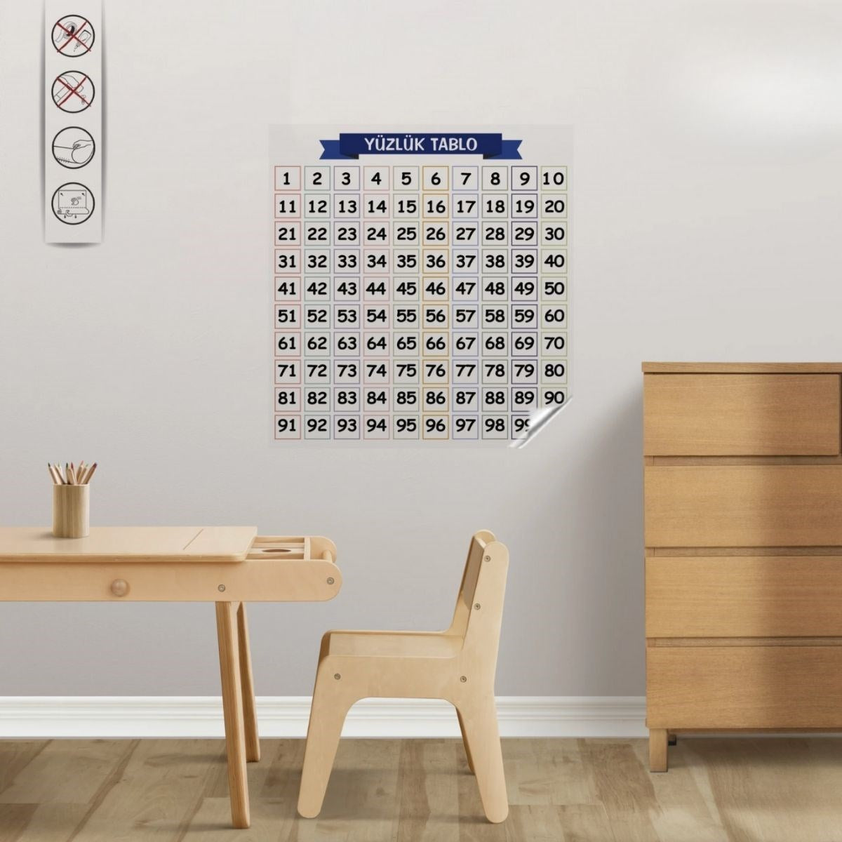 BUFFER Matematik Öğreten Yüzlük Tablo Duvarda İz Bırakmaz Akıllı Kağıt Yapışkansız Statik  60x60 cm