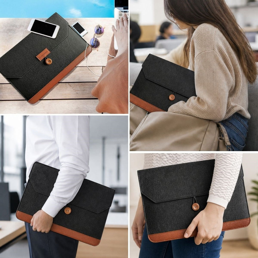 15.6 İnç Düğmeli Keçe Laptop ve Evrak Çantası, Notebook Bilgisayar ve Dosya Taşıma Çantası