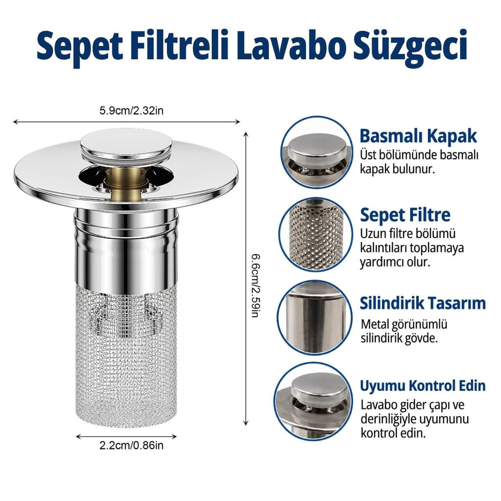 Sepet Filtreli Basmalı Lavabo Gider Süzgeci, Uzun Silindirik Filtreli Lavabo Tıpası, Saç ve Kalıntı Toplayıcı Gider Filtresi