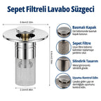 Sepet Filtreli Basmalı Lavabo Gider Süzgeci, Uzun Silindirik Filtreli Lavabo Tıpası, Saç ve Kalıntı Toplayıcı Gider Filtresi