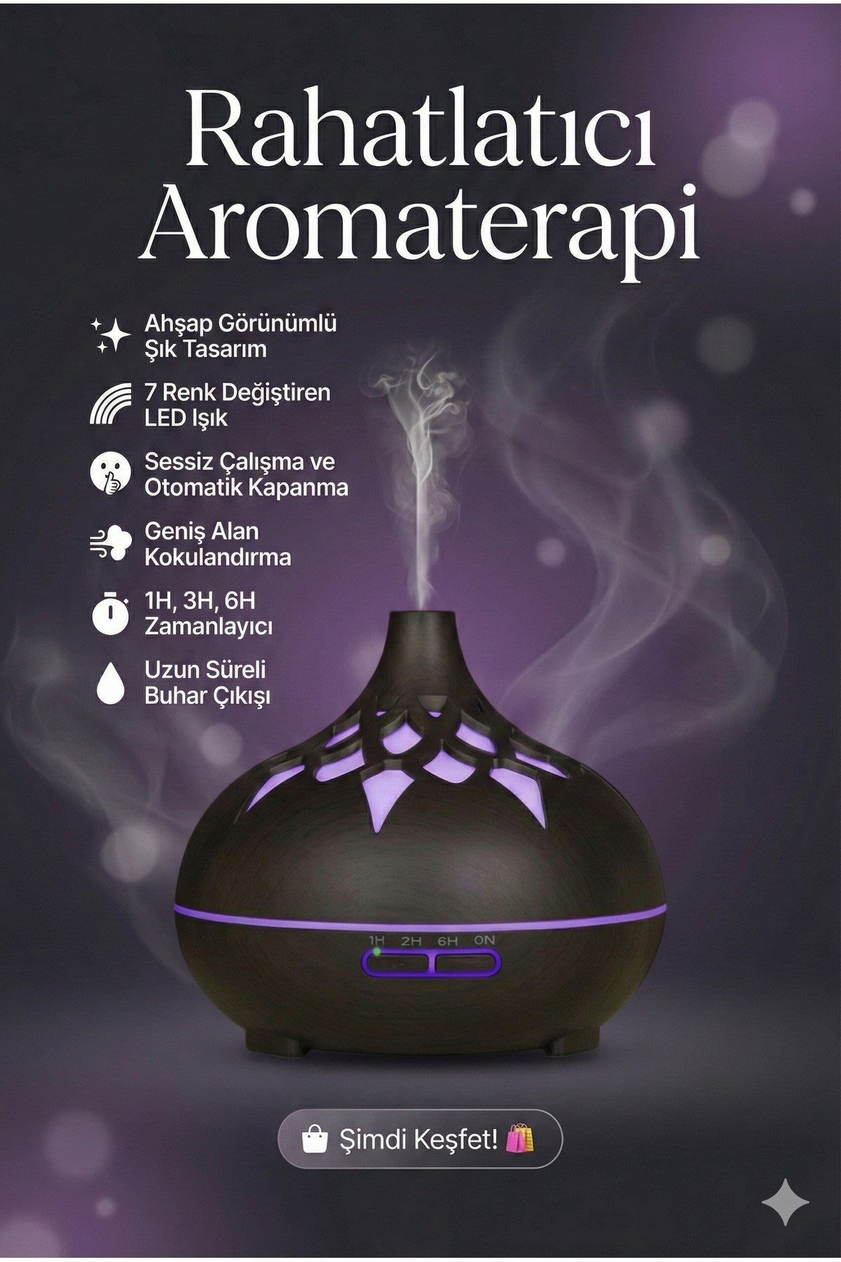 Aroma Difüzör Gece Işığı 7 Led DESENLİ Nemlendirici Kumandalı Buhar Makinesi 550 ml