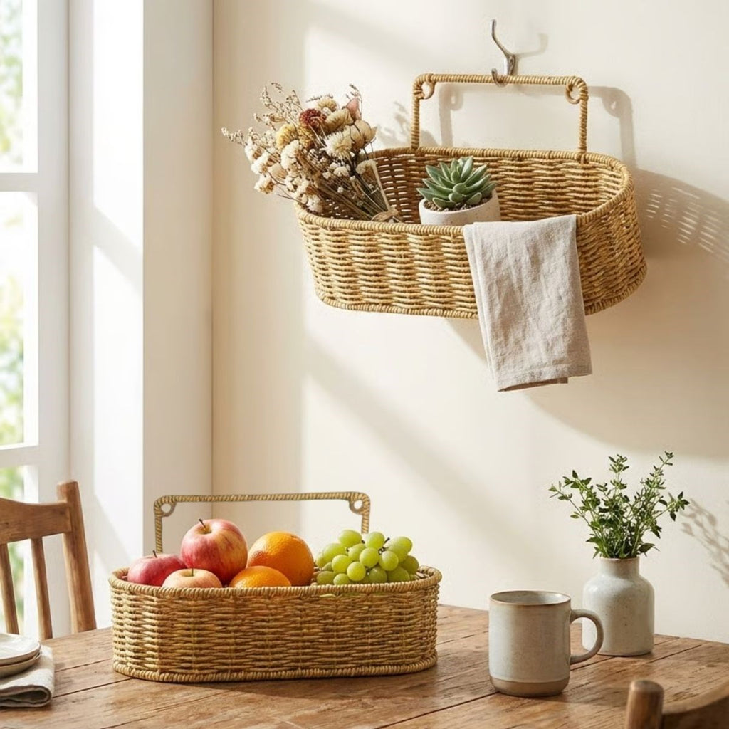 2’li Duvar Askılı Plastik Rattan Organizer – Oval Hasır Görünümlü Mutfak Raf Sepeti, Banyo ve Ev İçi Düzenleme Ünitesi