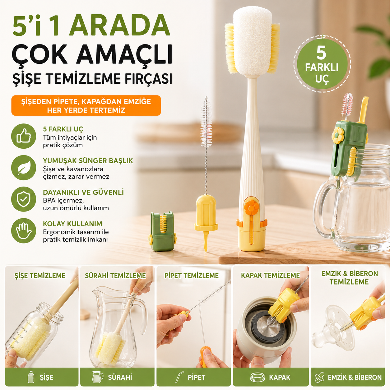 5'i 1 arada çok amaçlı şişe temizleme fırçası