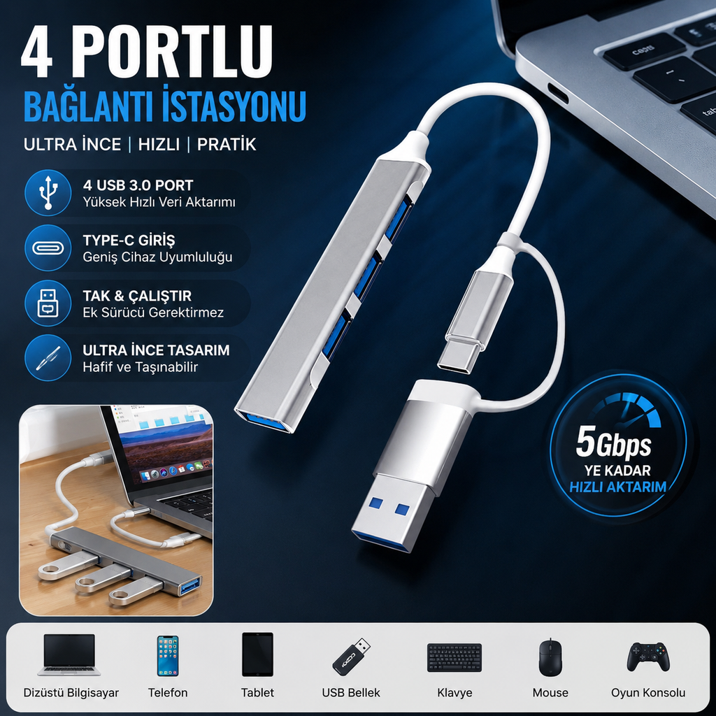 4 Portlu USB 3.0 Type-C bağlantı istasyonu özellik görseli
