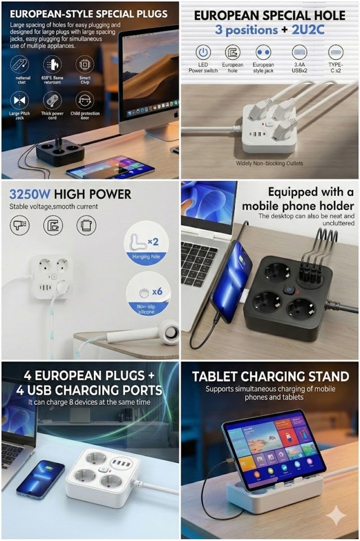 AKIM KORUMALI Avrupa Soket Kartı Tip-C Usb 2 m Uzatma Kablosu Emniyet Anahtarı ile