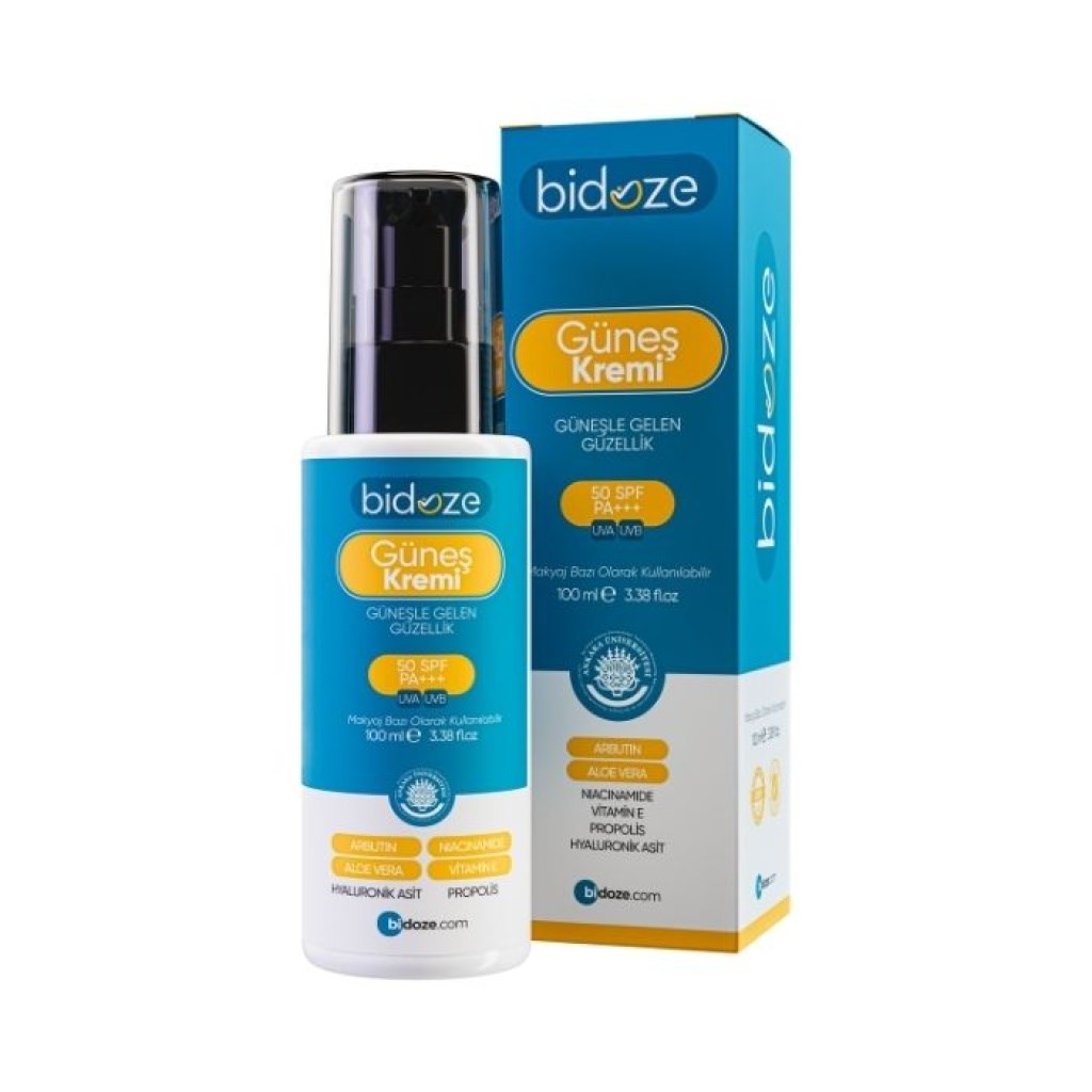 Bidoze Güneş Kremi 50+ SPF | Leke Karşıtı Onarıcı, Alpha-Arbutin Ginseng ve Kolajen