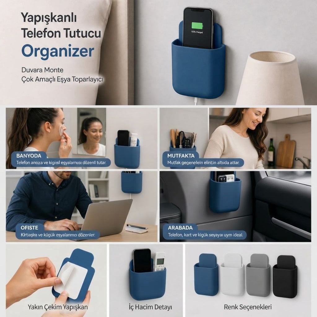 Yapışkanlı Telefon ve Kumanda Tutucu Organizer, Duvara Güçlü Yapışan Çok Amaçlı Eşya Toparlayıcı