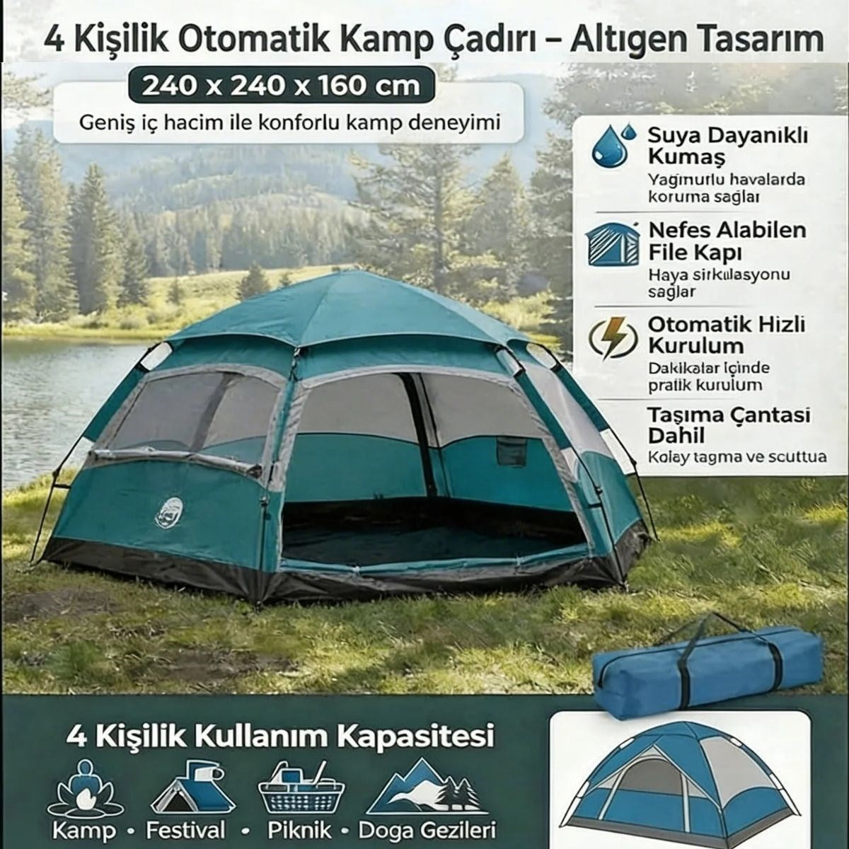 BUFFER 4 Kişilik Otomatik Kamp Çadırı – Altıgen Tasarım, Çift Kapılı, Suya Dayanıklı, Hızlı Kurulumlu Geniş Aile Outdoor Çadırı 240x240x160 cm