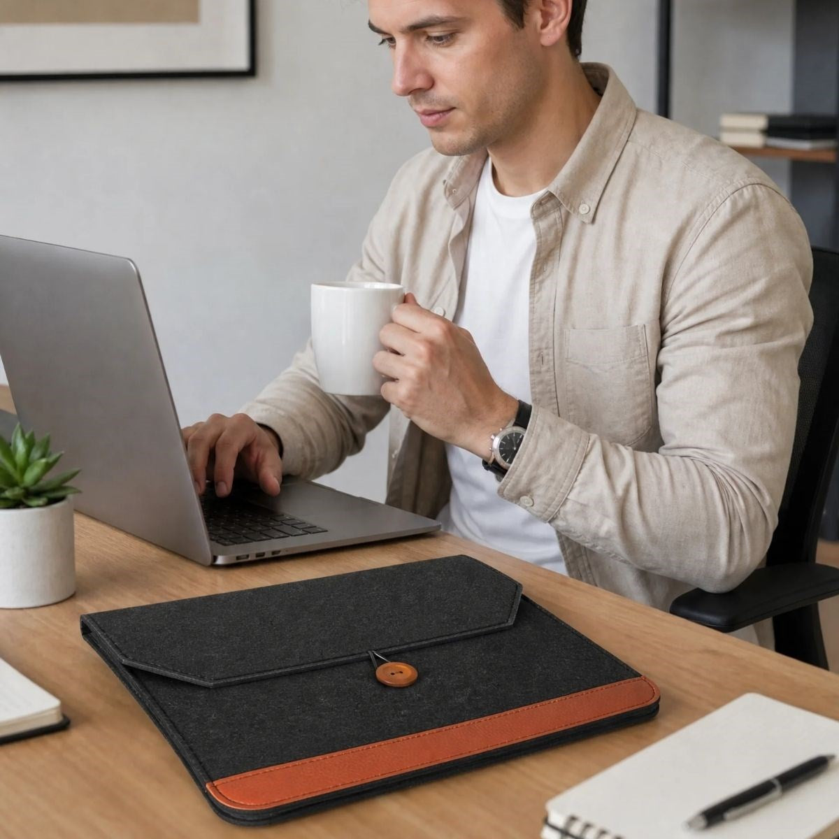 BUFFER 15.6 İnç Düğmeli Keçe Laptop ve Evrak Çantası, Notebook Bilgisayar ve Dosya Taşıma Çantası