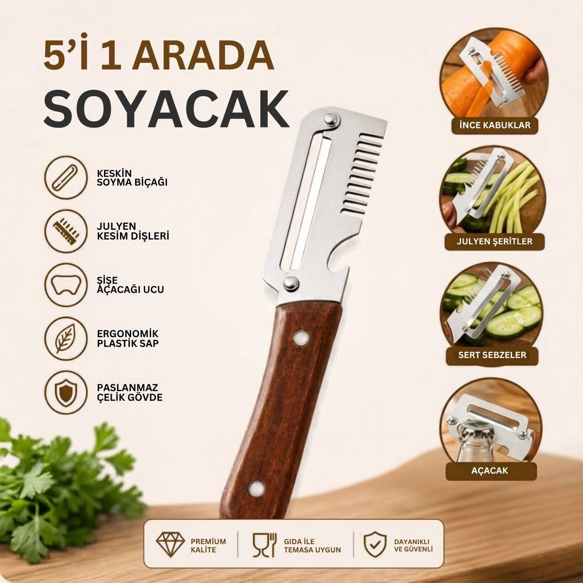 BUFFER 5'i 1 Arada Çok Fonksiyonlu Sebze ve Patates Soyucu, Paslanmaz Çelik Bıçaklı, Ahşap Görünümlü Saplı Mutfak Jülyen Soyacak, Şişe Açacağı