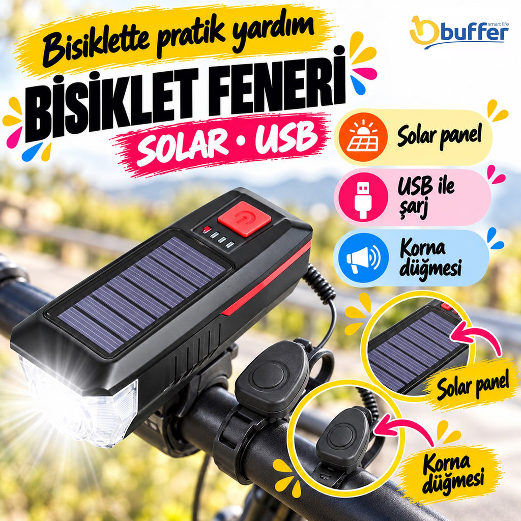 Solar Enerjili USB ile Şarj Edilebilir Ledli Bisiklet Feneri Kornalı ve Su Geçirmez Far