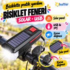 Solar Enerjili USB ile Şarj Edilebilir Ledli Bisiklet Feneri Kornalı ve Su Geçirmez Far