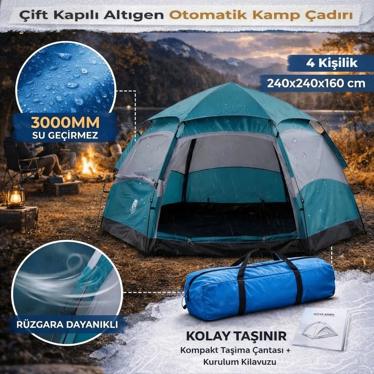 BUFFER 4 Kişilik Otomatik Kamp Çadırı – Altıgen Tasarım, Çift Kapılı, Suya Dayanıklı, Hızlı Kurulumlu Geniş Aile Outdoor Çadırı 240x240x160 cm
