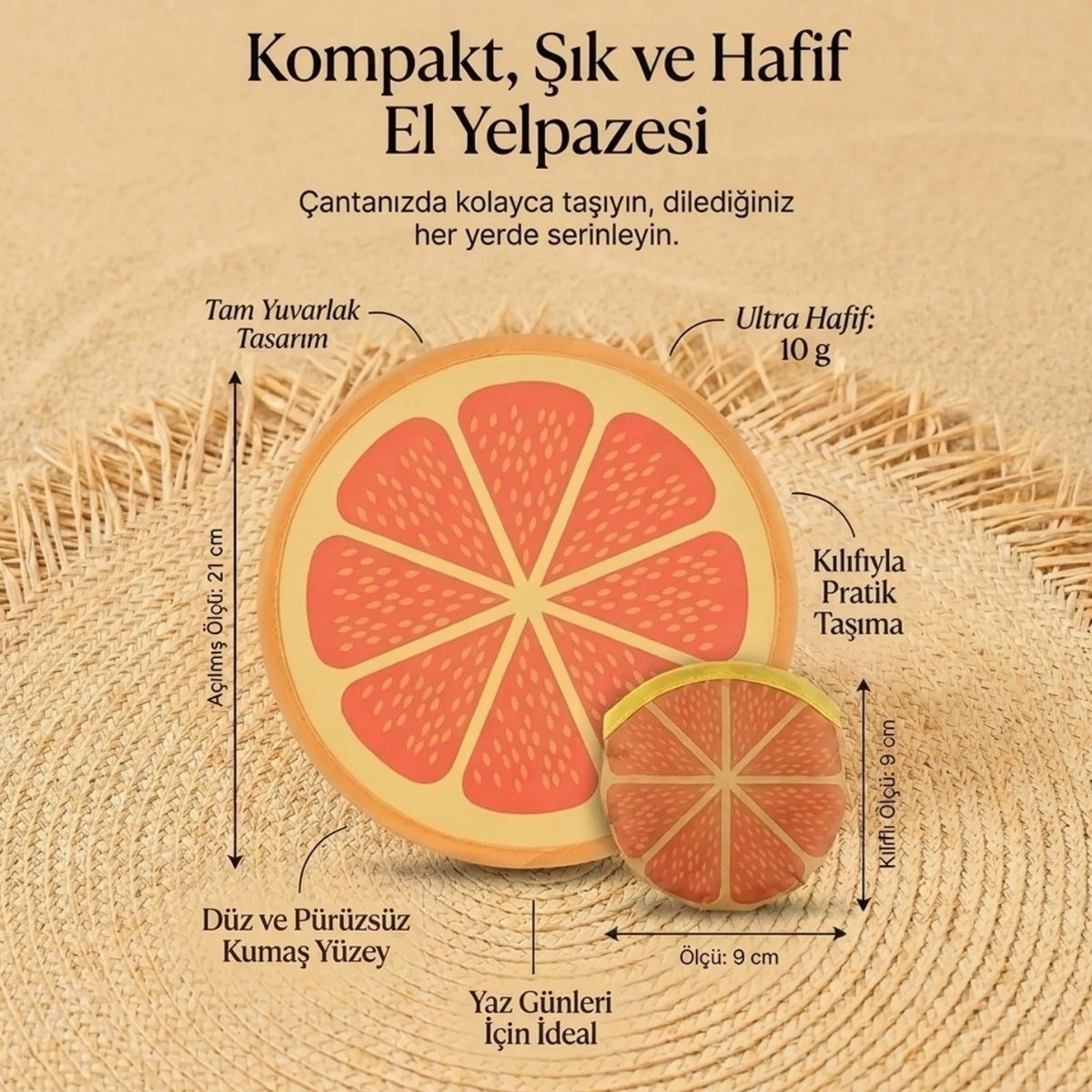 BUFFER Portakal Dilimi Desenli Pratik Katlanabilir El Yelpazesi – Kılıflı Yuvarlak Pratik Otomatik Açılıp Kapanan Cep Yelpazesi
