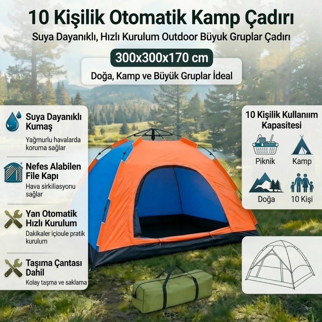 10 Kişilik Otomatik Kurulum Kamp Çadırı – Outdoor , Suya Dayanıklı Hızlı Kurulum Piknik ve Doğa İçin Geniş Aile Çadırı 300x300x170 cm