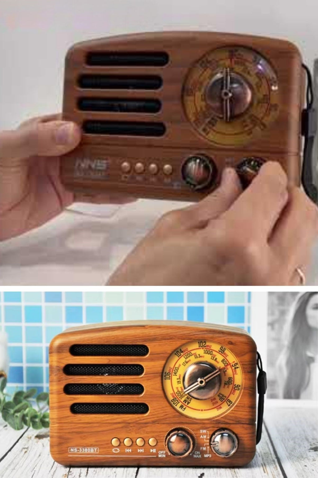 Küçük Boy Retro, Nostaljik, Ahşap Tasarım Bluetooth Hoparlörlü, Şarjlı, Taşınabilir Büyük Döndürülebilen Düğmeli FM/AM Destekli Radyo NS3380