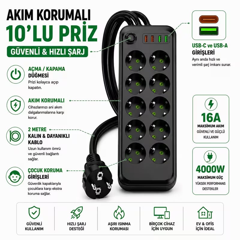 Akım Korumalı Priz (6'lı, 8'li, 10'lu Seçenekler) 4000W 16A USB-C ve USB-A Hızlı Şarjlı 2 Metre Kablolu Çoklu Priz