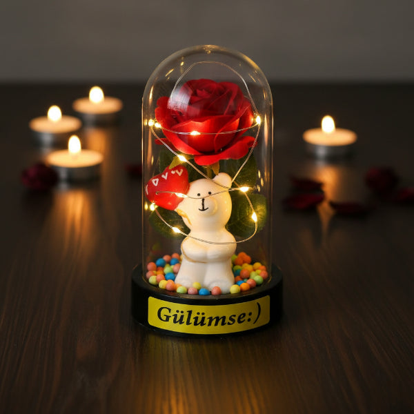 Balonlu Ayıcık Ledli Gül Fanus — görsel 3