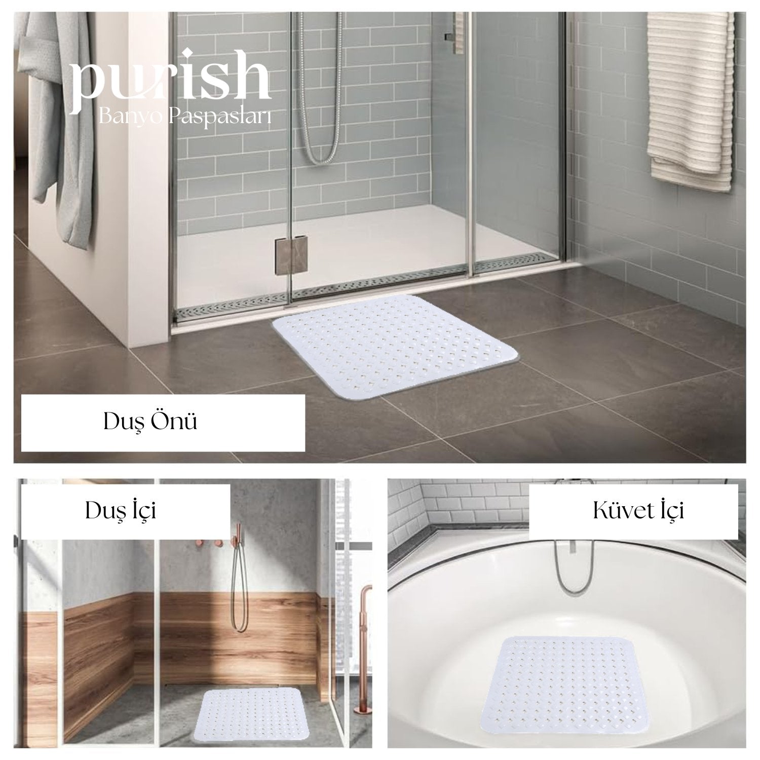 Banyo İçin Kaydırmaz, Masajlı, Drenajlı Beyaz Kare Paspas - Herseyben.de