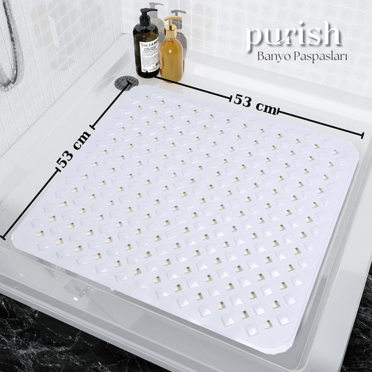 Banyo Paspası, Duş ve Banyo İçin Paspas, Vantuzlu Kaydırmaz, Su Drenajlı, Masaj Noktalı Beyaz Paspas 53x53cm paspas fiyatları