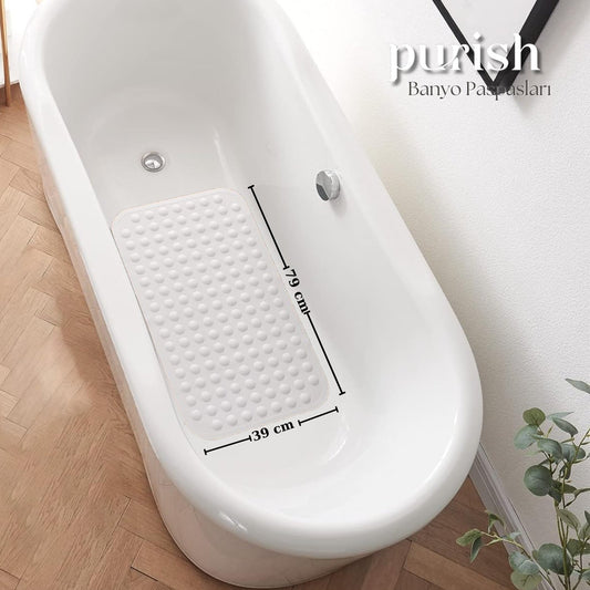 Banyo Paspası, Duş ve Banyo İçin Paspas, Vantuzlu Kaydırmaz, Su Drenajlı, Masaj Noktalı Beyaz Paspas 79x39 cm