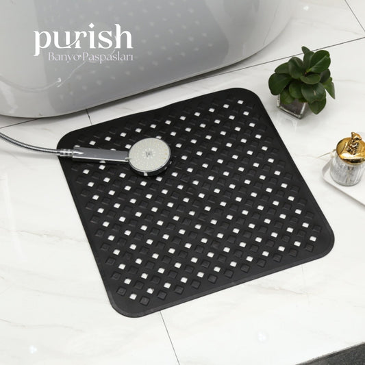 Banyo Paspası, Duş ve Banyo İçin Paspas, Vantuzlu Kaydırmaz, Su Drenajlı, Masaj Noktalı Siyah Paspas 53x53cm