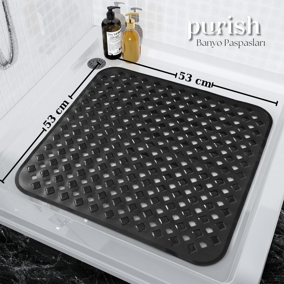 Banyo Paspası, Duş ve Banyo İçin Paspas, Vantuzlu Kaydırmaz, Su Drenajlı, Masaj Noktalı Siyah Paspas 53x53cm