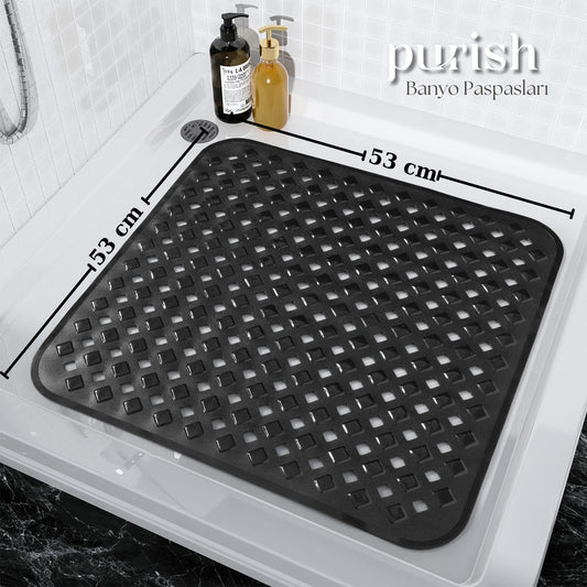 Banyo Paspası, Duş ve Banyo İçin Paspas, Vantuzlu Kaydırmaz, Su Drenajlı, Masaj Noktalı Siyah Paspas 53x53cm