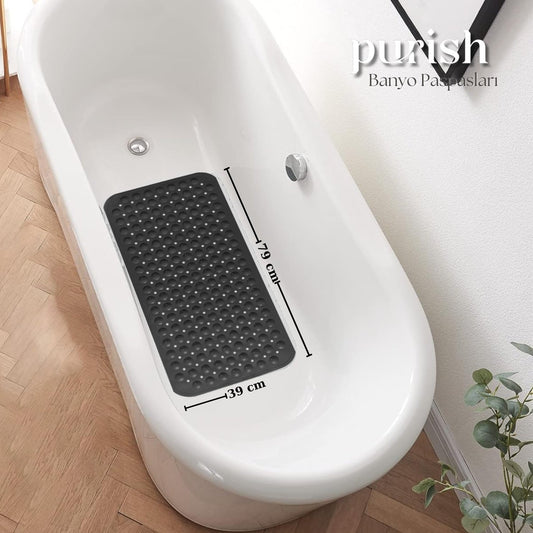 Banyo Paspası, Duş ve Banyo İçin Paspas, Vantuzlu Kaydırmaz, Su Drenajlı, Masaj Noktalı Siyah Paspas 79x39 cm